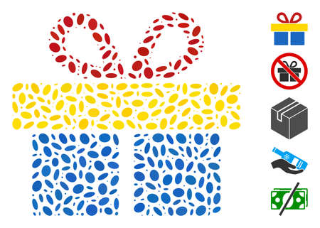 Dotted Mosaic based on gift. Mosaic vector gift is created with scattered oval elements. Bonus icons are added.のイラスト素材