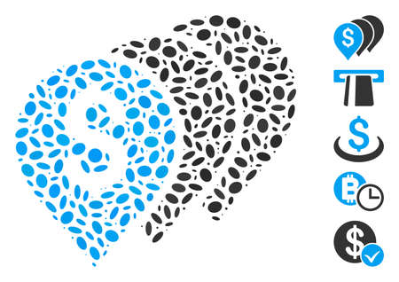 Dot Mosaic based on money map pointers. Mosaic vector money map pointers is designed with randomized oval dots. Bonus icons are added.のイラスト素材