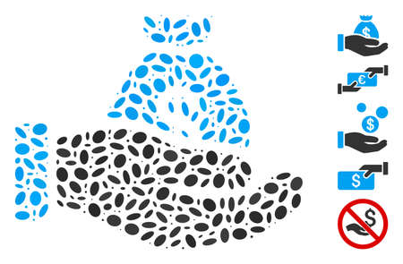 Dotted Mosaic based on payment hand. Mosaic vector payment hand is composed with randomized elliptic elements. Bonus icons are added.のイラスト素材