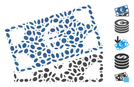 Dot Mosaic based on currency banknotes. Mosaic vector currency banknotes is composed with random oval elements. Bonus icons are added.のイラスト素材