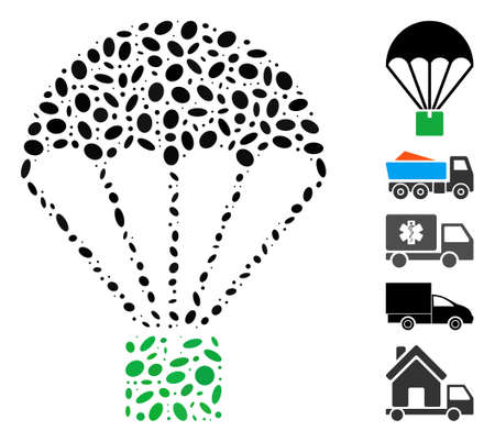 Dotted Mosaic based on cargo parachute. Mosaic vector cargo parachute is created with scattered oval elements. Bonus icons are added.のイラスト素材