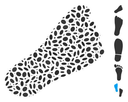 Dot Mosaic based on foot. Mosaic vector foot is designed with randomized oval items. Bonus icons are added.のイラスト素材