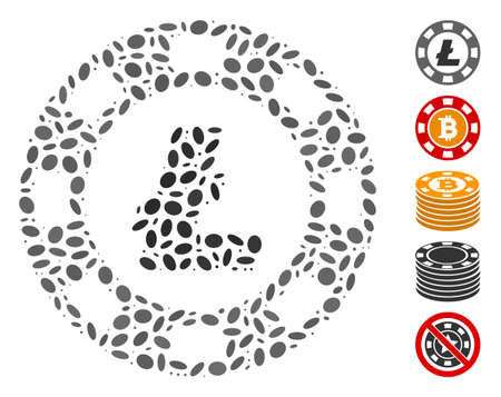 Dot Mosaic based on Litecoin casino chip. Mosaic vector Litecoin casino chip is formed with randomized elliptic dots. Bonus icons are added.のイラスト素材