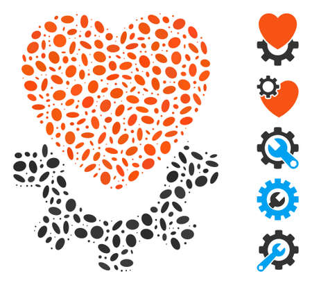 Dotted Mosaic based on mechanical heart. Mosaic vector mechanical heart is designed with scattered oval items. Bonus icons are added.のイラスト素材