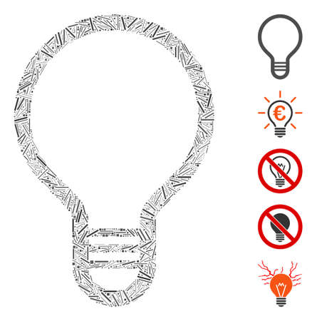 Hatch Mosaic based on lamp bulb icon. Mosaic vector lamp bulb is created with scattered hatch elements. Bonus icons are added.のイラスト素材