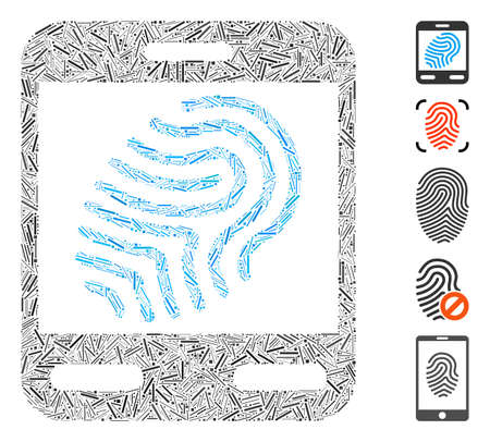 Line Mosaic based on fingerprint scanner icon. Mosaic vector fingerprint scanner is created with randomized dash items. Bonus icons are added.のイラスト素材