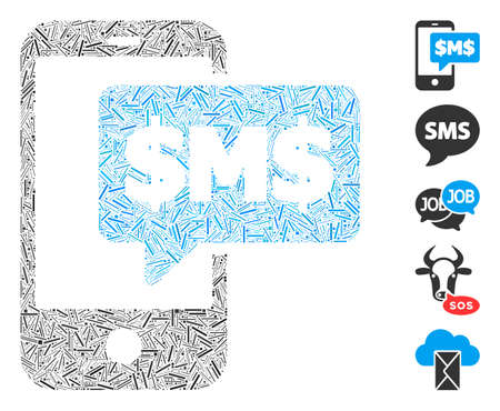 Hatch Mosaic based on phone SMS icon. Mosaic vector phone SMS is created with random hatch items. Bonus icons are added.のイラスト素材