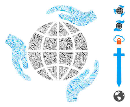 Hatch Mosaic based on global protection icon. Mosaic vector global protection is composed with randomized hatch items. Bonus icons are added.のイラスト素材