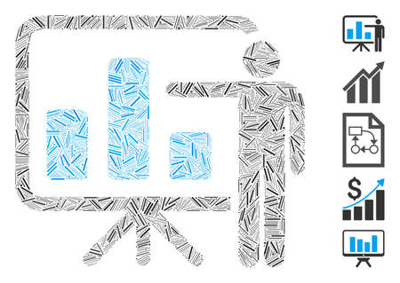 Hatch Mosaic based on bar chart presentation icon. Mosaic vector bar chart presentation is designed with random hatch items. Bonus icons are added.のイラスト素材