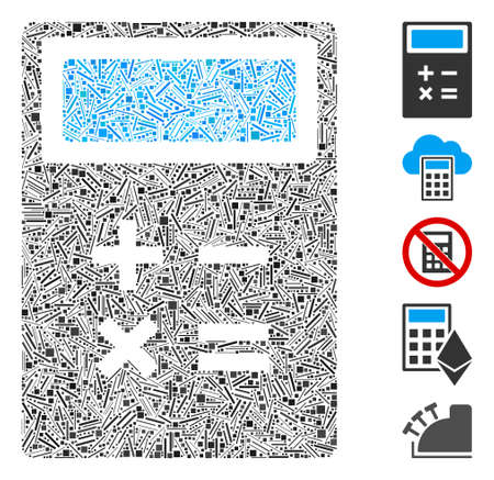 Dash Mosaic based on calculator icon. Mosaic vector calculator is created with random dash spots. Bonus icons are added.のイラスト素材