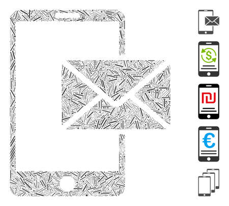 Hatch Mosaic based on mobile mail icon. Mosaic vector mobile mail is formed with random line elements. Bonus icons are added.のイラスト素材