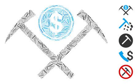 Dash Collage based on dollar mining hammers icon. Mosaic vector dollar mining hammers is formed with randomized dash dots. Bonus icons are added.のイラスト素材