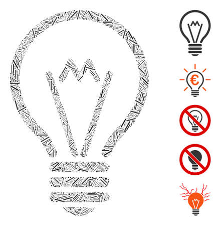 Hatch Mosaic based on electric bulb icon. Mosaic vector electric bulb is created with randomized hatch items. Bonus icons are added.のイラスト素材