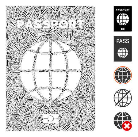 Dash Mosaic based on world passport icon. Mosaic vector world passport is composed with scattered dash spots. Bonus icons are added.のイラスト素材