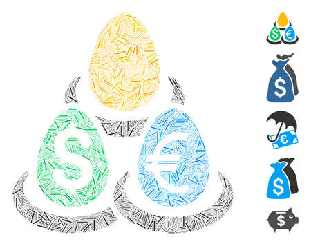 Hatch Mosaic based on currency deposit diversification icon. Mosaic vector currency deposit diversification is designed with scattered hatch spots. Bonus icons are added.のイラスト素材