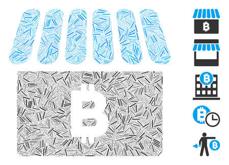 Hatch Mosaic based on Bitcoin shop icon. Mosaic vector Bitcoin shop is designed with randomized hatch spots. Bonus icons are added.のイラスト素材