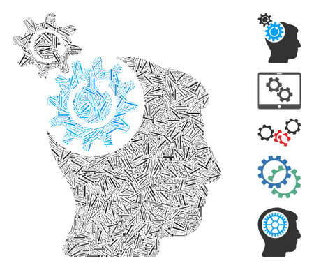 Hatch Mosaic based on head cogs rotation icon. Mosaic vector head cogs rotation is designed with scattered hatch dots. Bonus icons are added.のイラスト素材