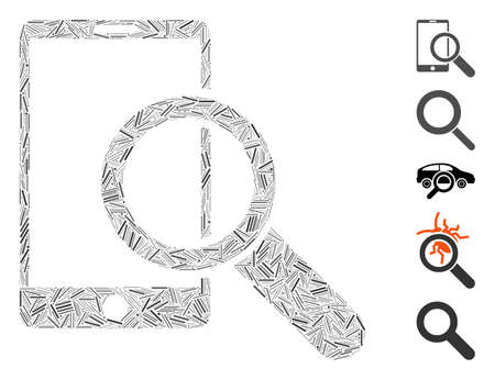 Dash Mosaic based on find smartphone icon. Mosaic vector find smartphone is composed with random hatch spots. Bonus icons are added.のイラスト素材