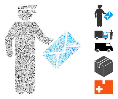 Hatch Mosaic based on postman icon. Mosaic vector postman is created with random hatch spots. Bonus icons are added.のイラスト素材