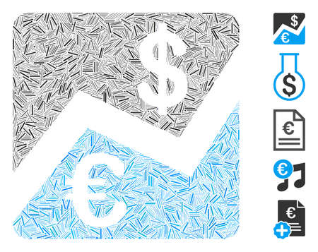 Line Mosaic based on Euro and Dollar finance icon. Mosaic vector Euro and Dollar finance is formed with random line dots. Bonus icons are added.のイラスト素材