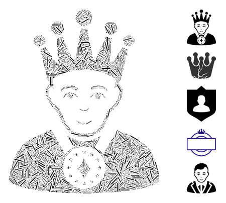 Dash Mosaic based on king icon. Mosaic vector king is created with randomized line elements. Bonus icons are added.のイラスト素材