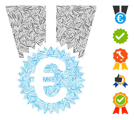 Dash Collage based on Euro medal icon. Mosaic vector Euro medal is created with random dash elements. Bonus icons are added.のイラスト素材