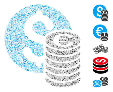 Dash Mosaic based on Dollar and Euro coins icon. Mosaic vector Dollar and Euro coins is designed with randomized dash spots. Bonus icons are added.のイラスト素材