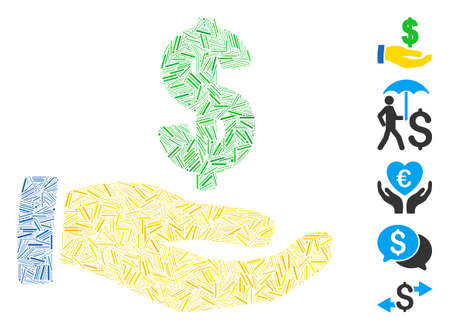 Hatch Mosaic based on dollar salary icon. Mosaic vector dollar salary is composed with randomized hatch elements. Bonus icons are added.のイラスト素材