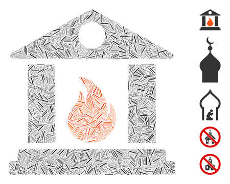 Hatch Mosaic based on sacrificial temple fire icon. Mosaic vector sacrificial temple fire is created with scattered hatch items. Bonus icons are added.のイラスト素材
