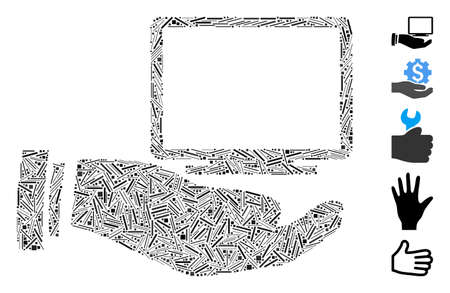 Line Mosaic based on computer offer hand icon. Mosaic vector computer offer hand is designed with random line items. Bonus icons are added.のイラスト素材