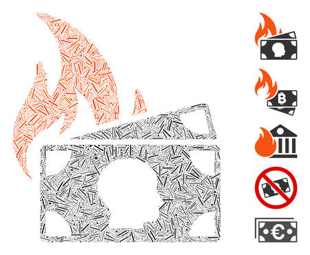Dash Mosaic based on banknotes fire disaster icon. Mosaic vector banknotes fire disaster is created with randomized dash dots. Bonus icons are added.のイラスト素材