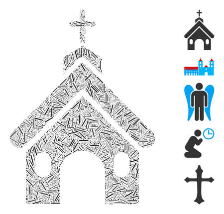 Line Mosaic based on church icon. Mosaic vector church is formed with randomized line spots. Bonus icons are added.のイラスト素材