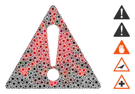 Coronavirus collage warning icon. Mosaic vector is designed with warning icon and with randomized microorganism elements. Red and black virus elements are used.のイラスト素材