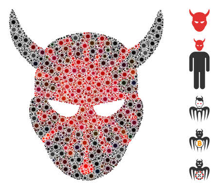 Coronavirus mosaic daemon head icon. Mosaic vector is composed with daemon head icon and with scattered epidemic items. Red and black coronavirus items are used.のイラスト素材