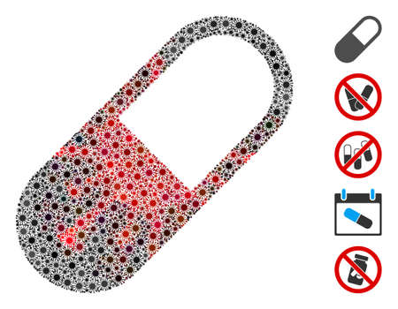 Coronavirus mosaic medication granule icon. Mosaic vector is designed with medication granule icon and with scattered epidemic elements. Red and black virus elements are used.のイラスト素材