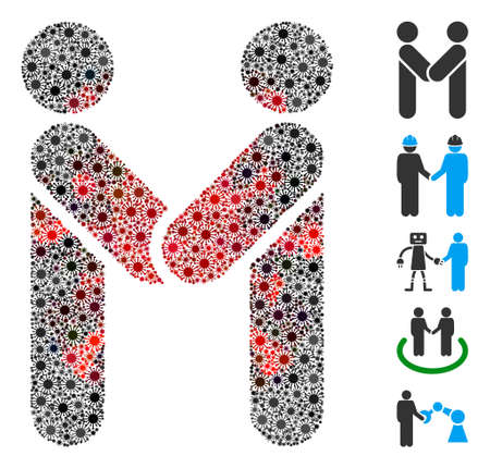 Coronavirus mosaic persons handshake icon. Mosaic vector is composed with persons handshake pictogram and with randomized bacillus items. Red and black coronavirus items are used.のイラスト素材