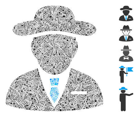 Hatch Mosaic based on agent icon. Mosaic vector agent is formed with random hatch items. Bonus icons are added.のイラスト素材