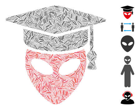 Dash Mosaic based on alien scientist icon. Mosaic vector alien scientist is designed with randomized hatch spots. Bonus icons are added.のイラスト素材