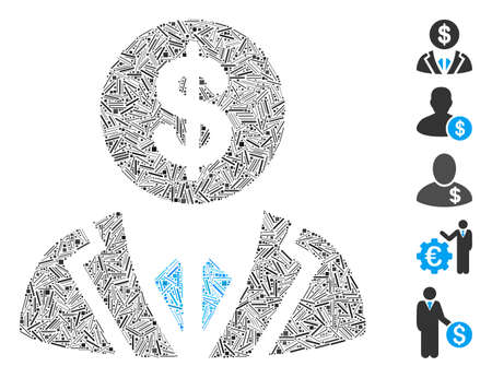 Dash Mosaic based on banker icon. Mosaic vector banker is created with scattered dash dots. Bonus icons are added.のイラスト素材