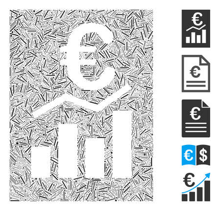 Hatch Collage based on Euro sale report icon. Mosaic vector Euro sale report is formed with randomized hatch dots. Bonus icons are added.のイラスト素材