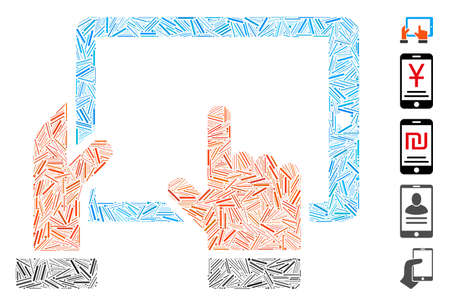 Dash Mosaic based on hold smart tablet icon. Mosaic vector hold smart tablet is designed with scattered dash elements. Bonus icons are added.のイラスト素材