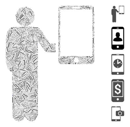 Line Collage based on man holds smartphone icon. Mosaic vector man holds smartphone is composed with random line items. Bonus icons are added.のイラスト素材