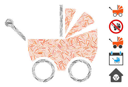 Hatch Mosaic based on baby carriage icon. Mosaic vector baby carriage is designed with scattered hatch dots. Bonus icons are added.のイラスト素材