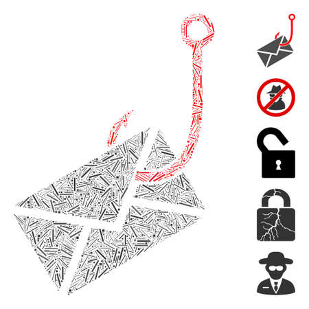 Hatch Mosaic based on envelope phishing hook icon. Mosaic vector envelope phishing hook is formed with random hatch spots. Bonus icons are added.のイラスト素材