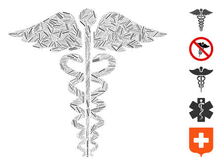 Line Mosaic based on medical caduceus emblem icon. Mosaic vector medical caduceus emblem is composed with scattered line items. Bonus icons are added.のイラスト素材