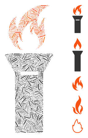 Hatch Mosaic based on torch flame icon. Mosaic vector torch flame is created with scattered hatch items. Bonus icons are added.のイラスト素材