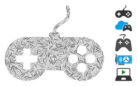 Hatch Mosaic based on video games icon. Mosaic vector video games is created with random line elements. Bonus icons are added.のイラスト素材