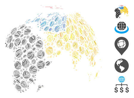 Dash Mosaic based on abstract globe with colored dotted continents icon. Mosaic vector abstract globe with colored dotted continents is formed with randomized dash spots. Bonus icons are added.のイラスト素材