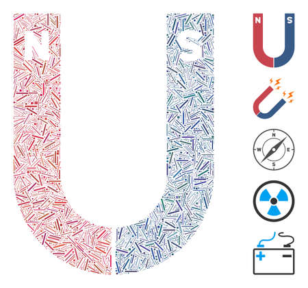 Dash Mosaic based on horseshoe magnet icon. Mosaic vector horseshoe magnet is created with scattered dash elements. Bonus icons are added.のイラスト素材