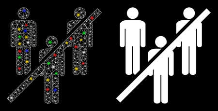 Glowing mesh no men group with sparkle effect. Abstract illuminated model of no men group icon. White wire carcass triangular mesh no men group and base icon. Vector abstraction on a black background.のイラスト素材